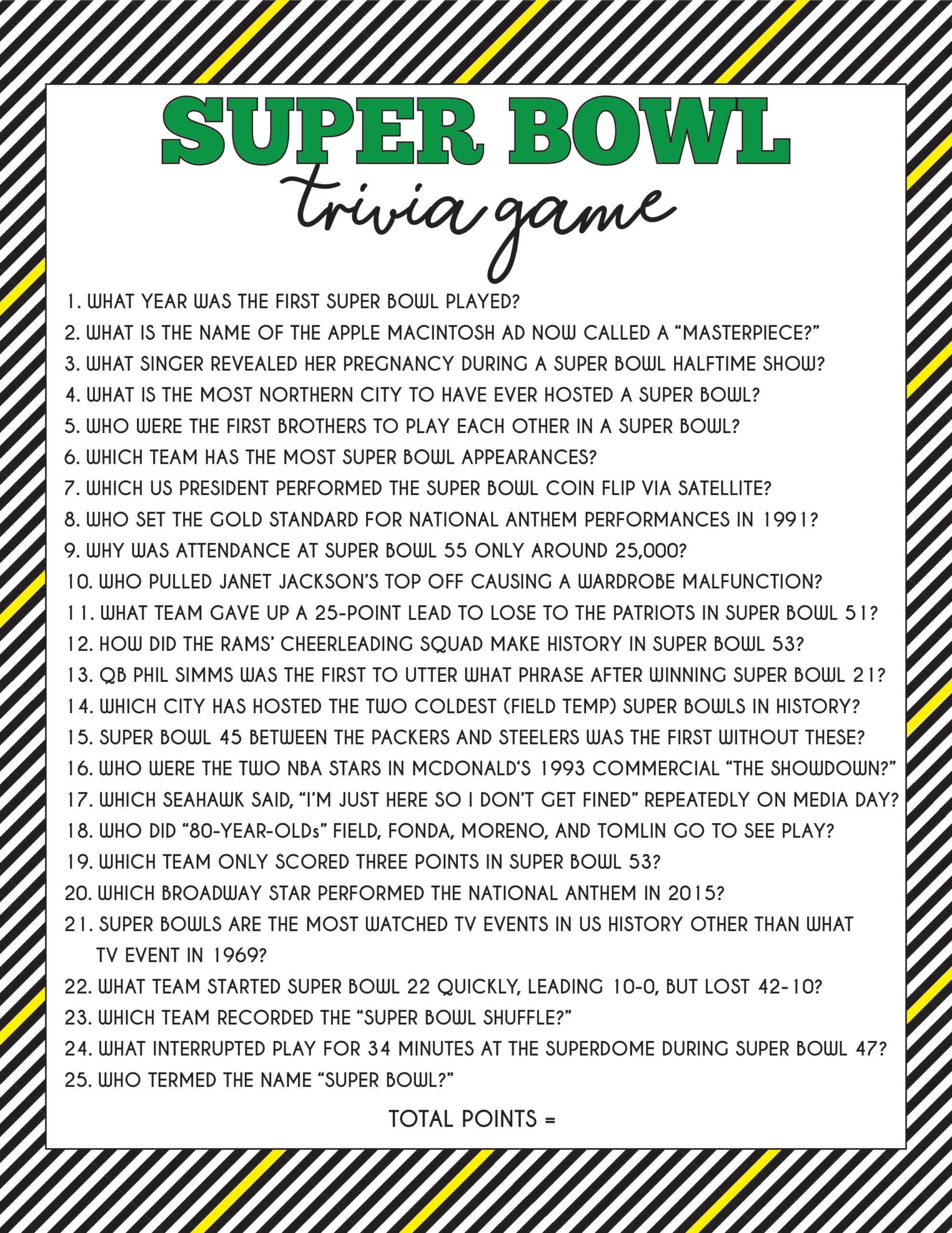 50 super bowl trivia questions & printable game - play party plan